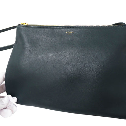 CELINE セリーヌ トリオ ラージ ショルダーバッグ グリーン レザー レディース メンズ 【中古】