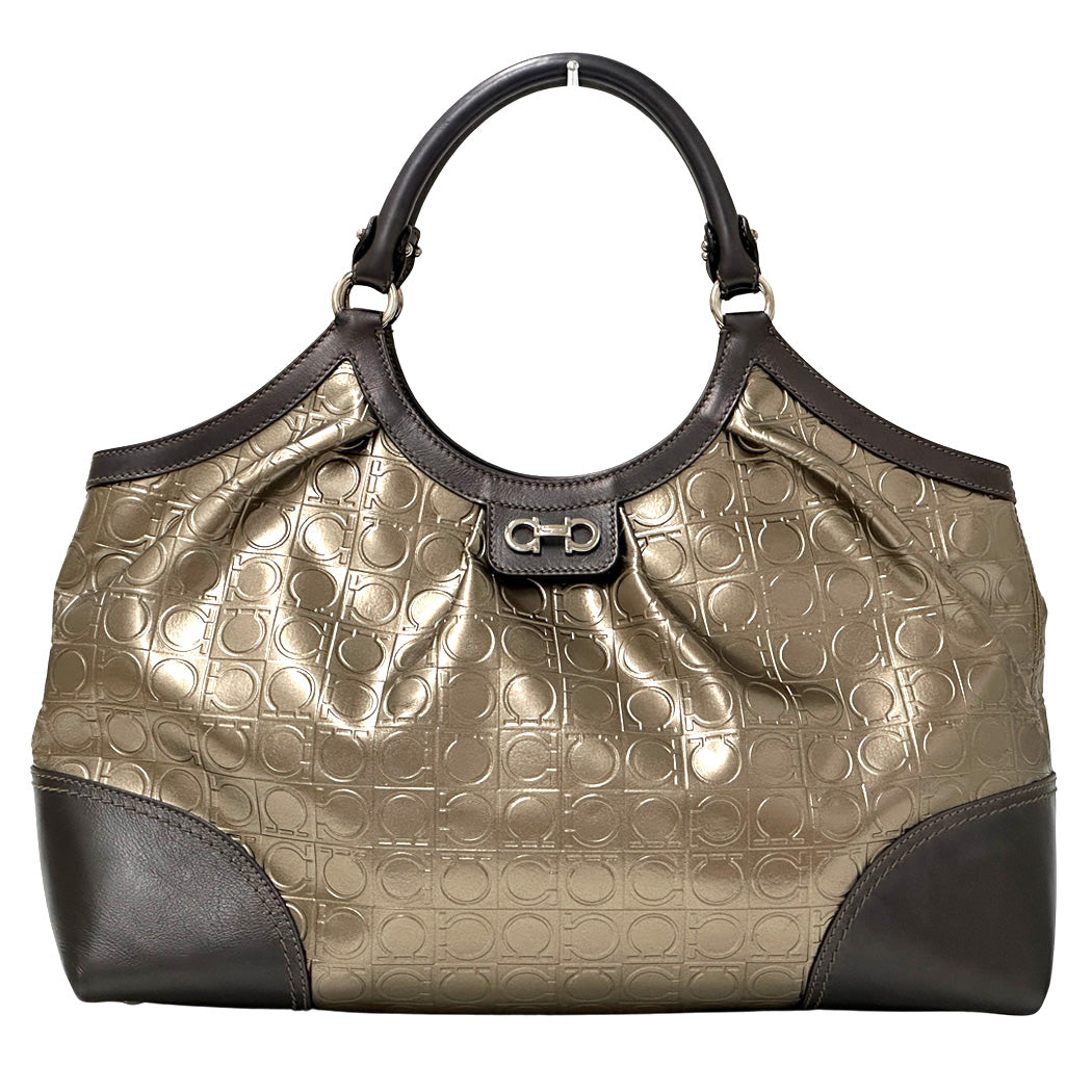 Ferragamo フェラガモ トートバッグ ダブルガンチーニ メタリックブラウン ゴールド パテントレザー レディース 【中古】