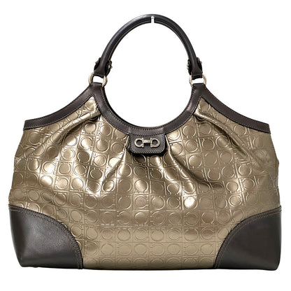 Ferragamo フェラガモ トートバッグ ダブルガンチーニ メタリックブラウン ゴールド パテントレザー レディース 【中古】