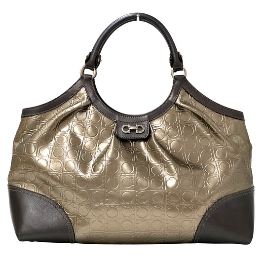 Ferragamo フェラガモ トートバッグ ダブルガンチーニ メタリックブラウン ゴールド パテントレザー レディース 【中古】