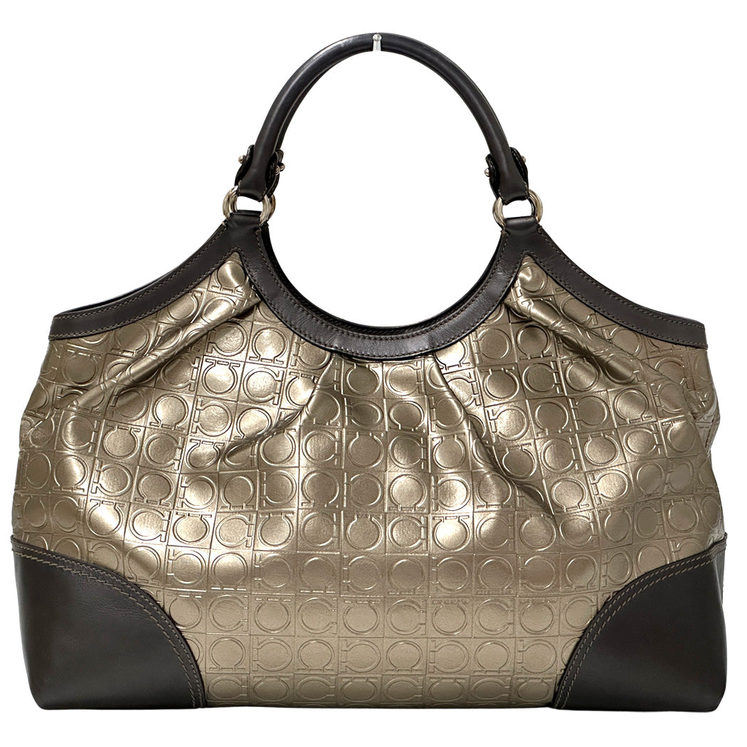 Ferragamo フェラガモ トートバッグ ダブルガンチーニ メタリックブラウン ゴールド パテントレザー レディース 【中古】