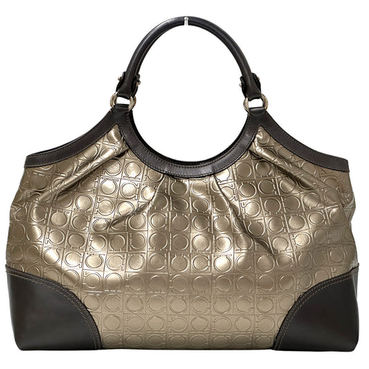 Ferragamo フェラガモ トートバッグ ダブルガンチーニ メタリックブラウン ゴールド パテントレザー レディース 【中古】
