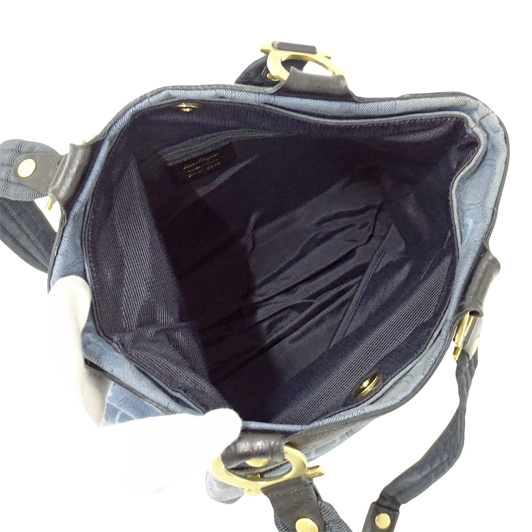 Ferragamo フェラガモ トートバッグ ガンチーニ ブルー AU-21 6345 キャンバス レディース 【中古】