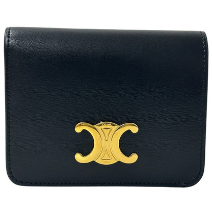 CELINE セリーヌ 二つ折り財布 トリオンフ ブラック ゴールド金具 レザー レディース 【中古】