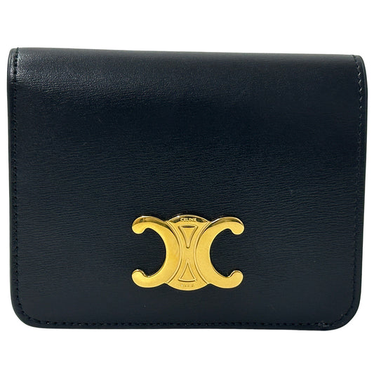 CELINE セリーヌ 二つ折り財布 トリオンフ ブラック ゴールド金具 レザー レディース 【中古】