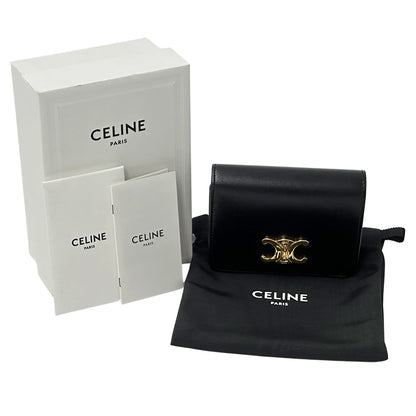 CELINE セリーヌ 二つ折り財布 トリオンフ ブラック ゴールド金具 レザー レディース 【中古】