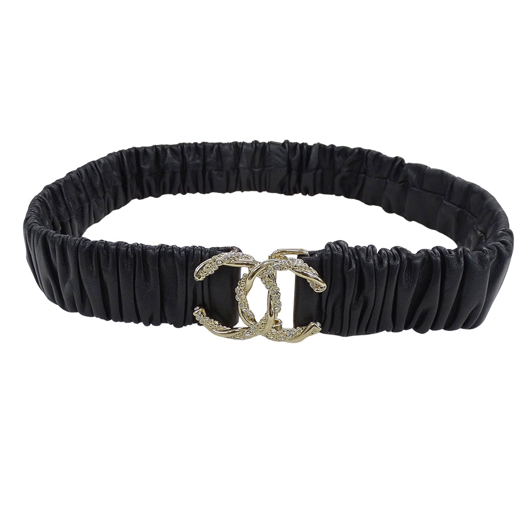 CHANEL シャネル ベルト ギャザー ブラック シャンパンゴールド メタル ラムスキン ラインストーン レディース B24V【中古】