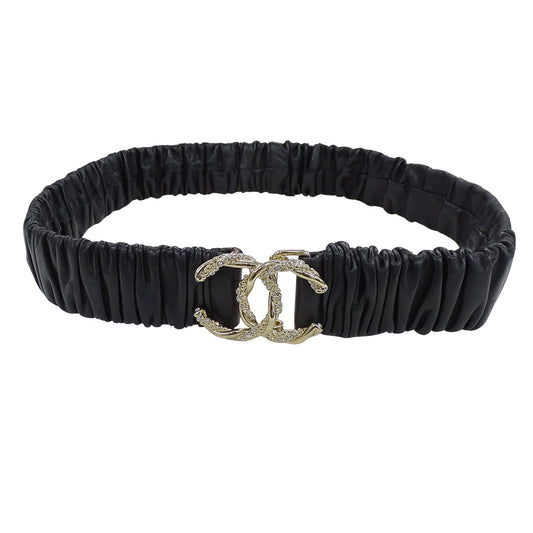 CHANEL シャネル ベルト ギャザー ブラック シャンパンゴールド メタル ラムスキン ラインストーン レディース B24V【中古】