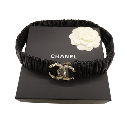 CHANEL シャネル ベルト ギャザー ブラック シャンパンゴールド メタル ラムスキン ラインストーン レディース B24V【中古】