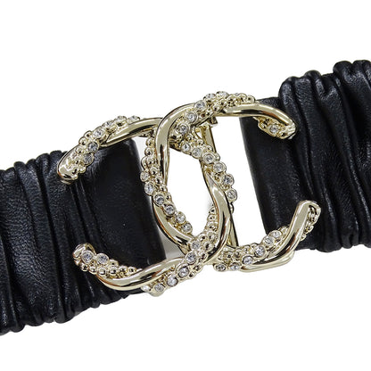 CHANEL シャネル ベルト ギャザー ブラック シャンパンゴールド メタル ラムスキン ラインストーン レディース B24V【中古】