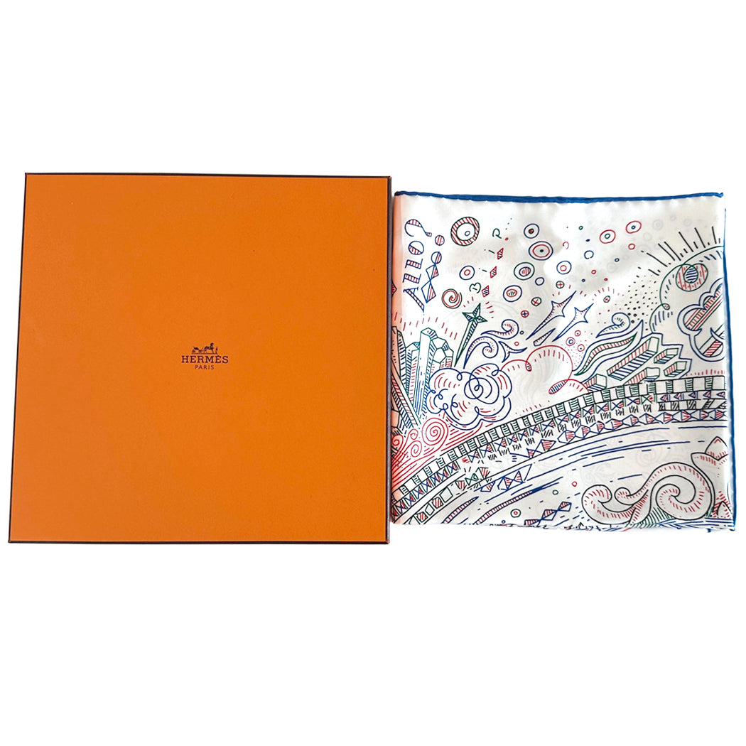 HERMES エルメス カレ90 PLEASE HOLD THE LINE プリーズ・ホールド・ザ・ライン スカーフ ホワイト ブルー シルク レディース 【中古】