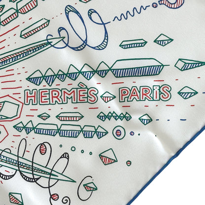 HERMES エルメス カレ90 PLEASE HOLD THE LINE プリーズ・ホールド・ザ・ライン スカーフ ホワイト ブルー シルク レディース 【中古】