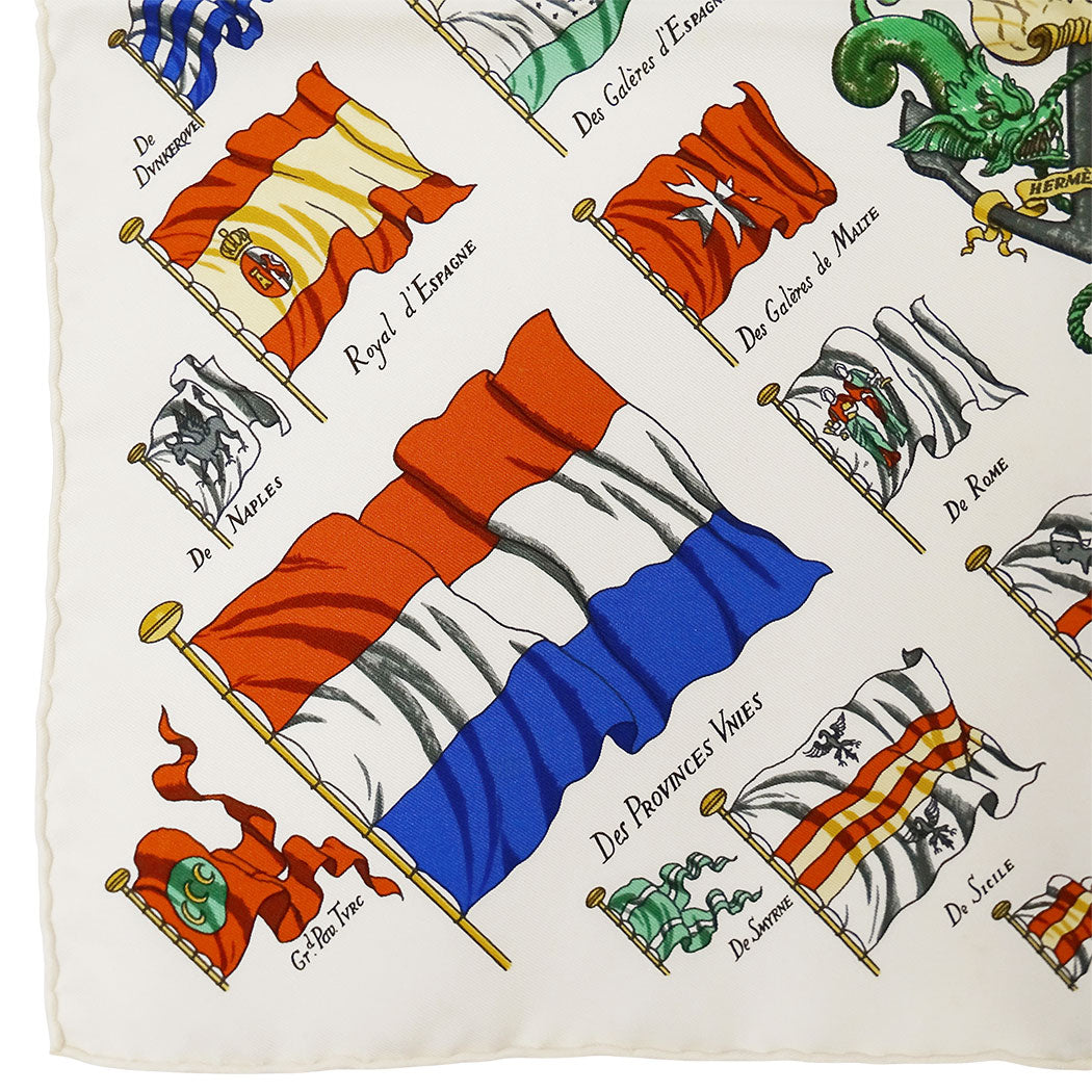 HERMES エルメス カレ45 PAVOIS 船旗 スカーフ アイボリー マルチカラー シルク レディース 【中古】