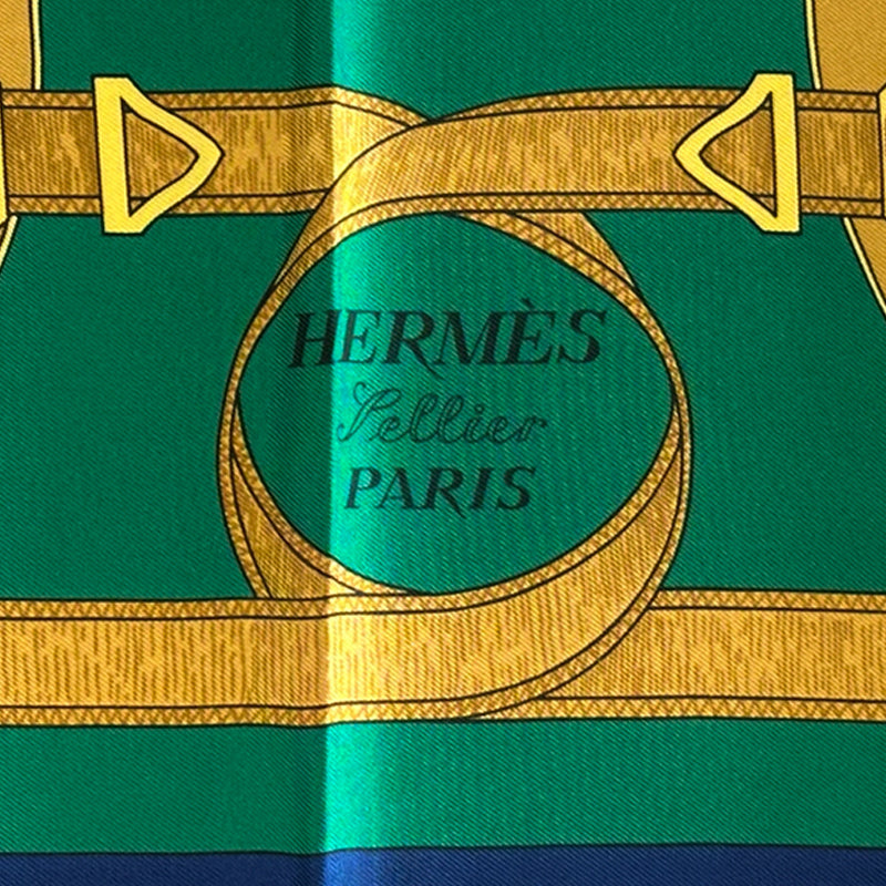 HERMES エルメス カレ90 Eperon D'or 黄金の拍車 スカーフ グリーン ネイビー シルク レディース 【中古】