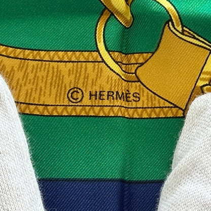 HERMES エルメス カレ90 Eperon D'or 黄金の拍車 スカーフ グリーン ネイビー シルク レディース 【中古】