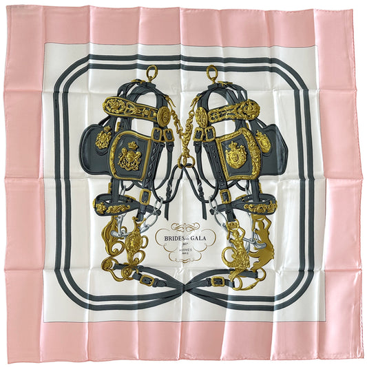 HERMES エルメス カレ90 BRIDES de GALA 式典用馬勒 スカーフ ピンク シルク レディース 【中古】