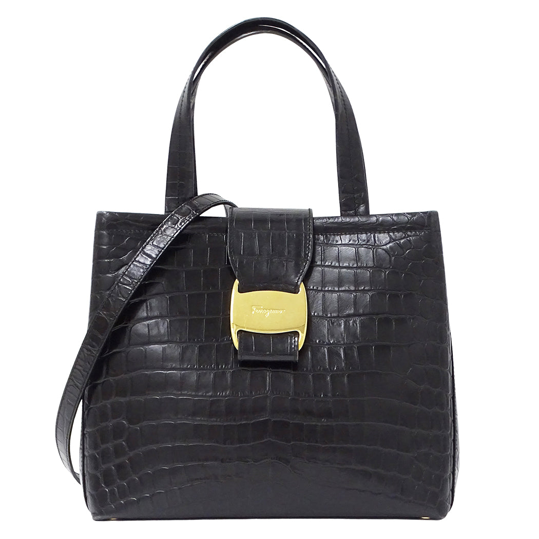 Ferragamo フェラガモ 2wayバッグ ヴァラ ブラック レザー レディース 【中古】