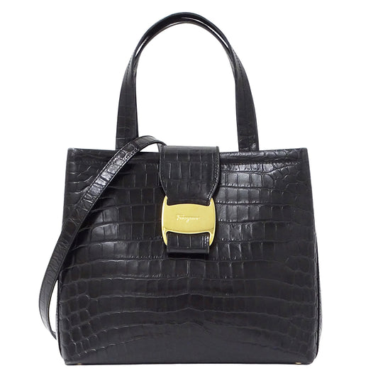 Ferragamo フェラガモ 2wayバッグ ヴァラ ブラック レザー レディース 【中古】