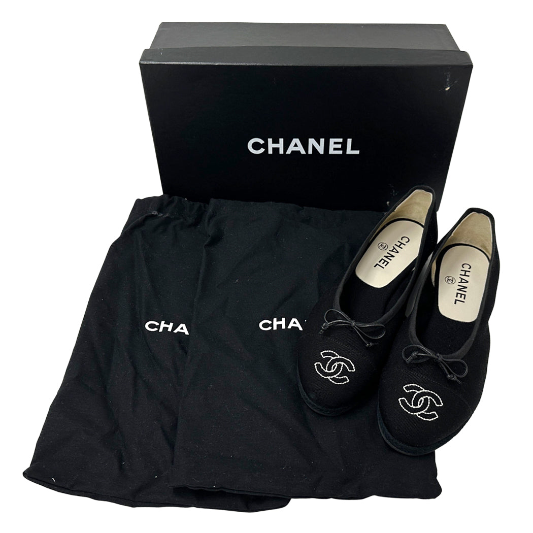CHANEL シャネル バレエシューズ パンプス ココマーク ブラック ホワイト キャンバス レディース フラット【中古】