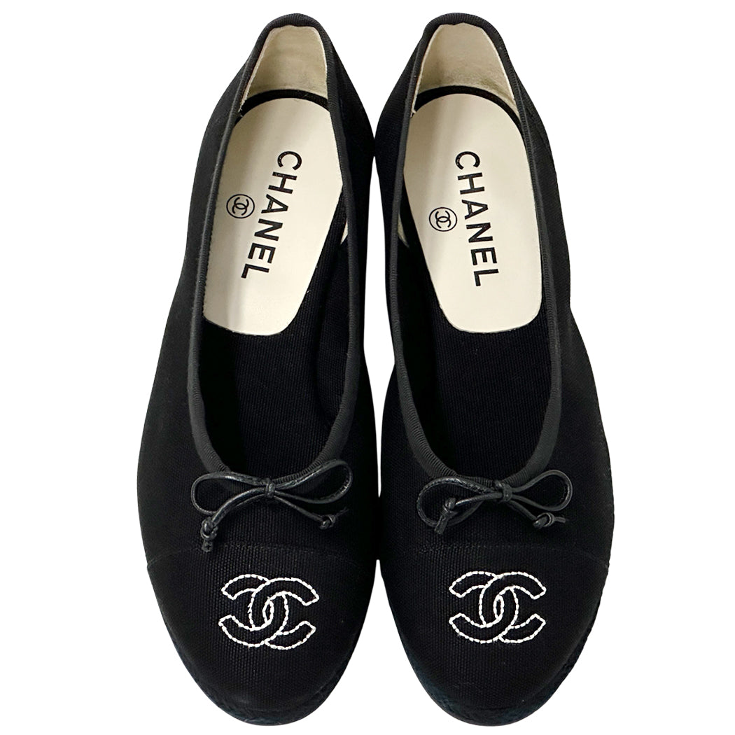CHANEL シャネル バレエシューズ パンプス ココマーク ブラック ホワイト キャンバス レディース フラット【中古】