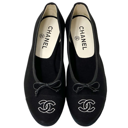 CHANEL シャネル バレエシューズ パンプス ココマーク ブラック ホワイト キャンバス レディース フラット【中古】