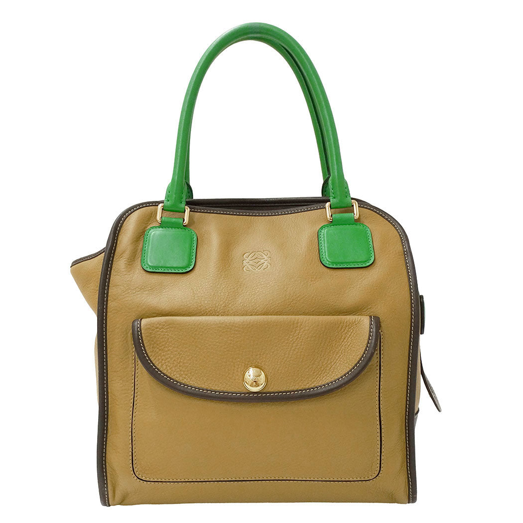 LOEWE ロエベ ハンドバッグ オロ アナグラム ベージュ グリーン レザー レディース 【中古】