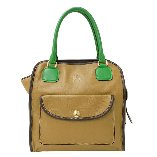 LOEWE ロエベ ハンドバッグ オロ アナグラム ベージュ グリーン レザー レディース 【中古】