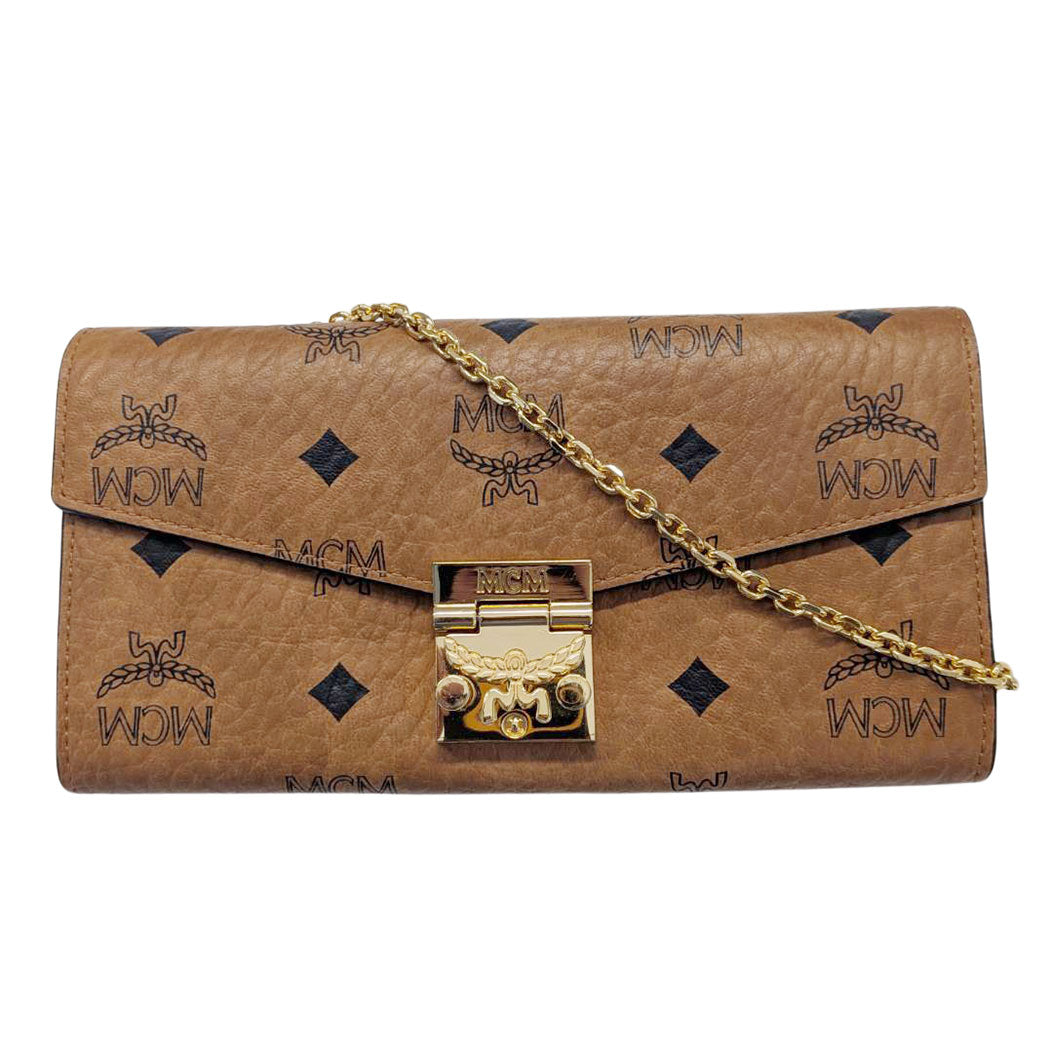 エム・シー・エム MCM ヴィセトス チェーンウォレット 長財布 コニャック ブラウン レザー レディース メンズ 【中古】