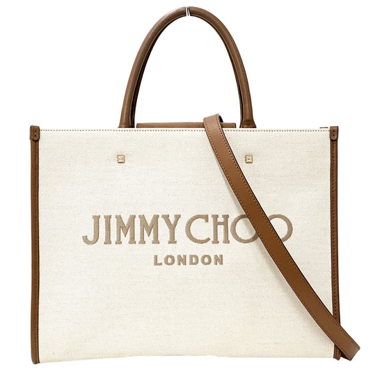 JIMMY CHOO ジミーチュウ 2wayバッグ アベニュー M ブラウン アイボリー キャンバス レザー レディース 【中古】
