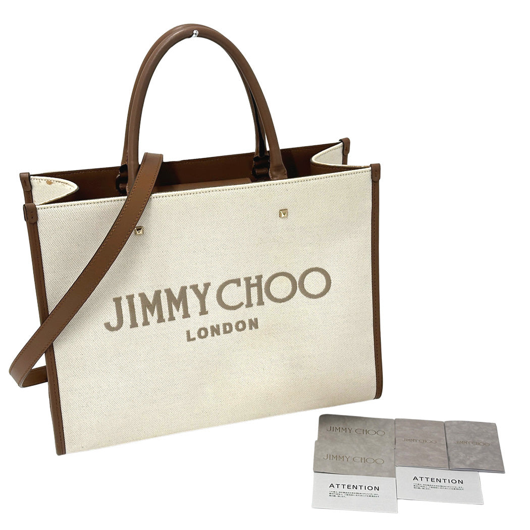JIMMY CHOO ジミーチュウ 2wayバッグ アベニュー M ブラウン アイボリー キャンバス レザー レディース 【中古】