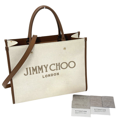 JIMMY CHOO ジミーチュウ 2wayバッグ アベニュー M ブラウン アイボリー キャンバス レザー レディース 【中古】