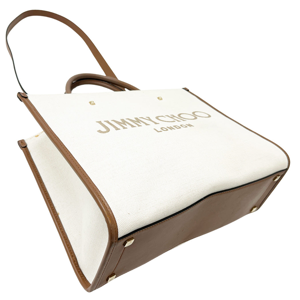 JIMMY CHOO ジミーチュウ 2wayバッグ アベニュー M ブラウン アイボリー キャンバス レザー レディース 【中古】