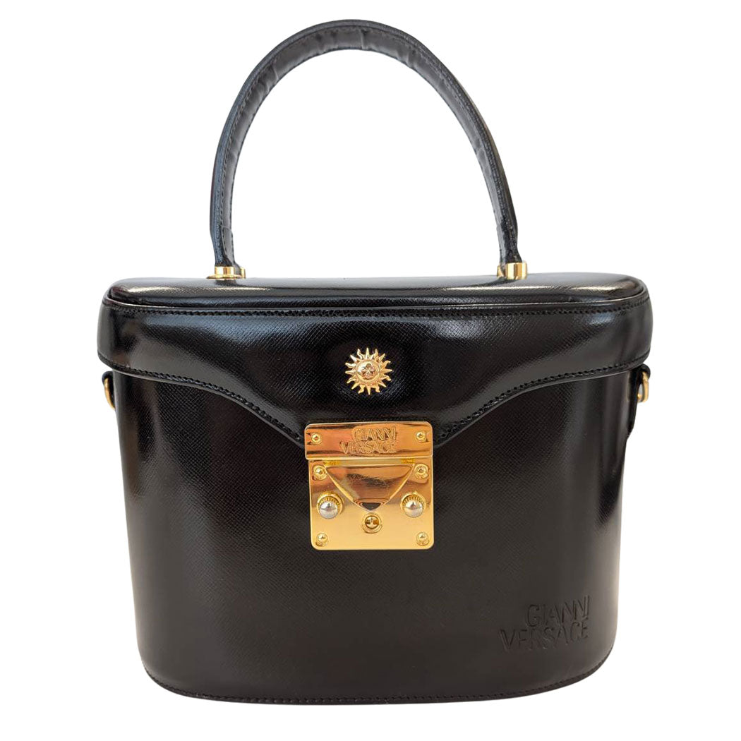 VERSACE ヴェルサーチ バニティ ハンドバッグ ブラック レザー レディース 【中古】