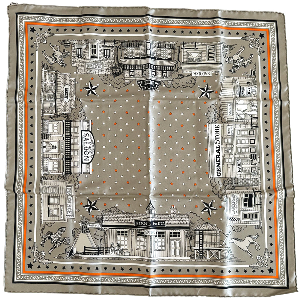 HERMES エルメス カレ55 Hermes Paris Station エルメス・パリ・ステーション スカーフ グレー オレンジ シルク レディース 【中古】