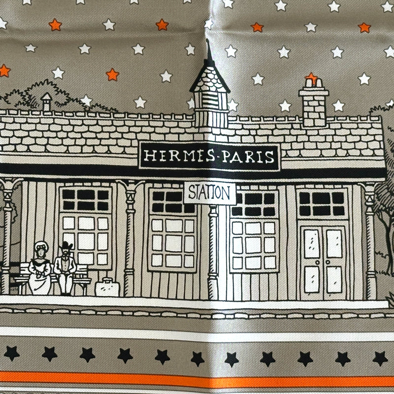 HERMES エルメス カレ55 Hermes Paris Station エルメス・パリ・ステーション スカーフ グレー オレンジ シルク レディース 【中古】