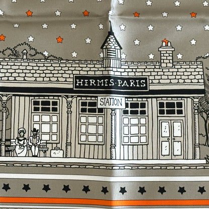 HERMES エルメス カレ55 Hermes Paris Station エルメス・パリ・ステーション スカーフ グレー オレンジ シルク レディース 【中古】