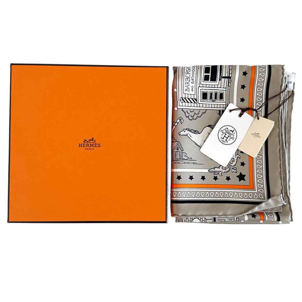 HERMES エルメス カレ55 Hermes Paris Station エルメス・パリ・ステーション スカーフ グレー オレンジ シルク レディース 【中古】