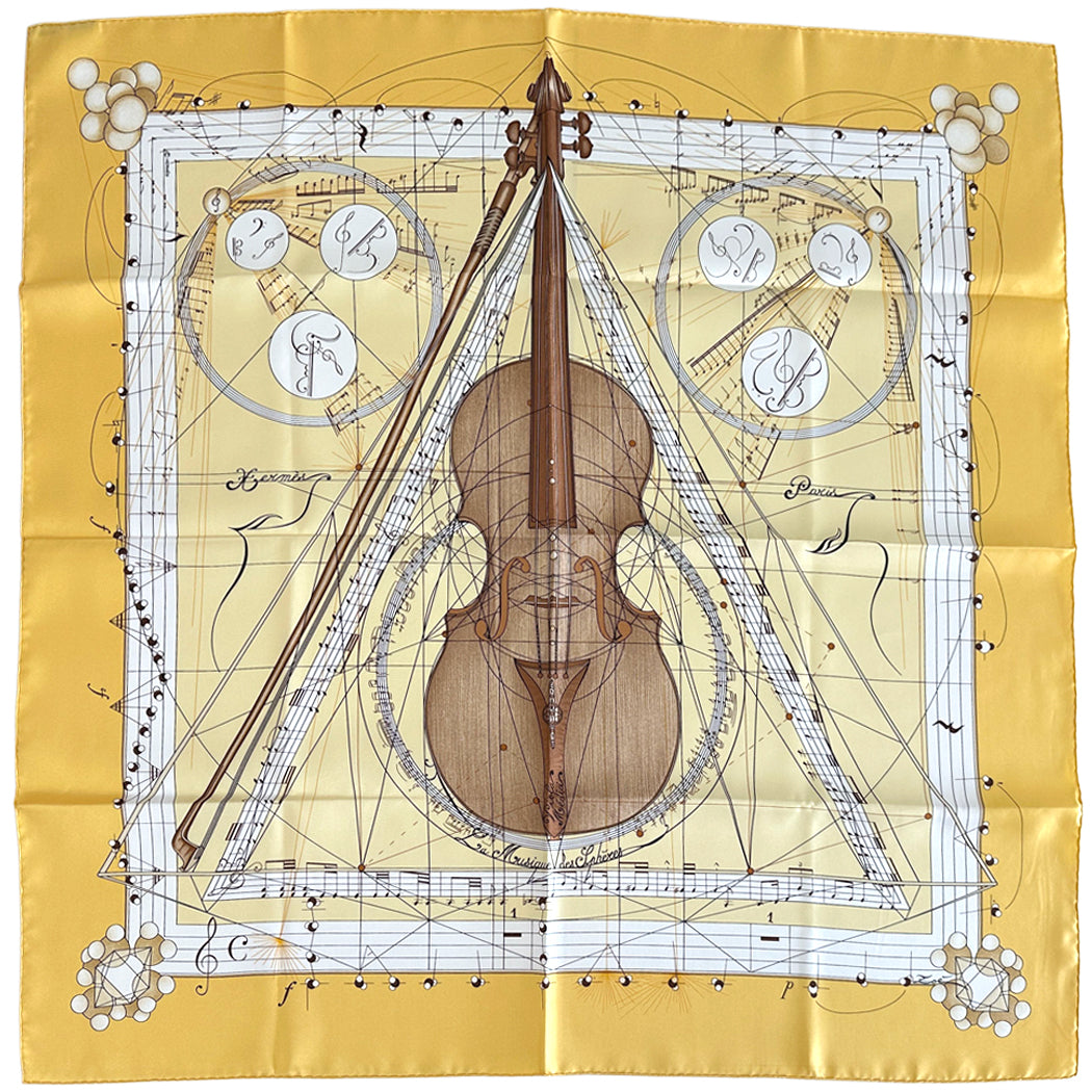 HERMES エルメス カレ90 La Musique des Spheres 球体が奏でる音楽 スカーフ イエロー シルク レディース 【中古】