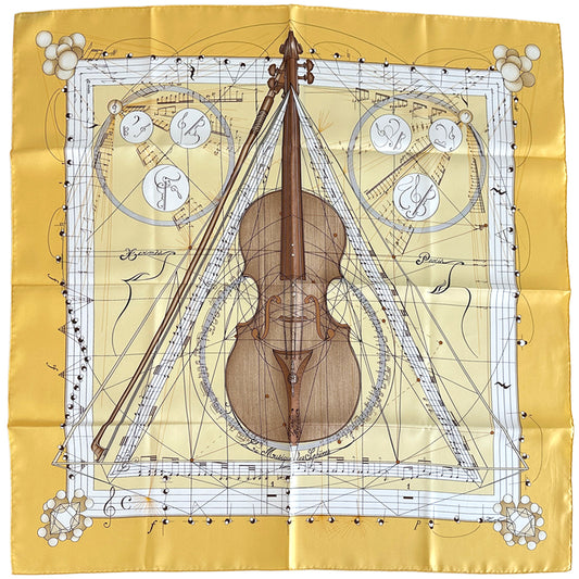 HERMES エルメス カレ90 La Musique des Spheres 球体が奏でる音楽 スカーフ イエロー シルク レディース 【中古】