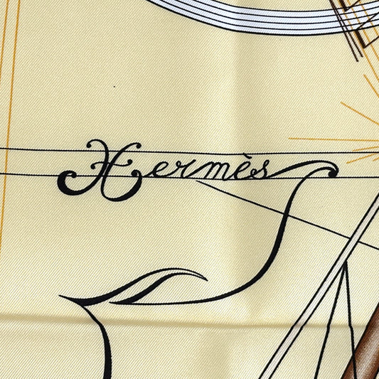 HERMES エルメス カレ90 La Musique des Spheres 球体が奏でる音楽 スカーフ イエロー シルク レディース 【中古】