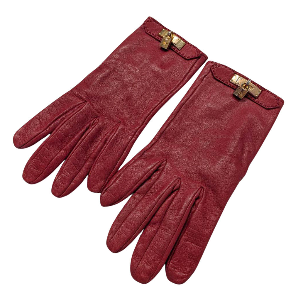 HERMES エルメス 手袋 レッド レザー レディース 【中古】