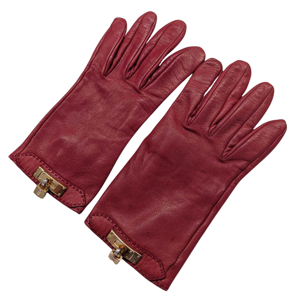 HERMES エルメス 手袋 レッド レザー レディース 【中古】