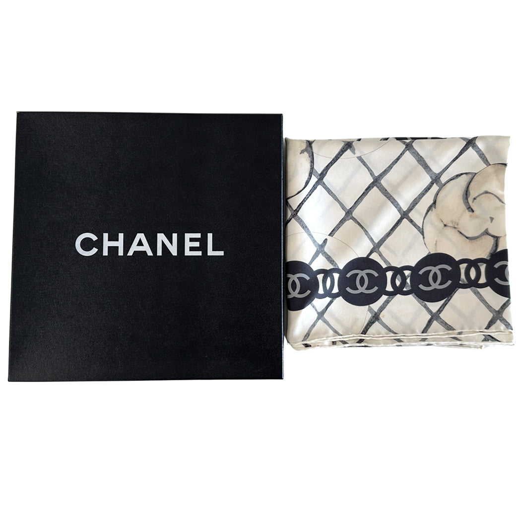 CHANEL シャネル スカーフ ココマーク カメリア ホワイト クリーム シルク レディース 【中古】