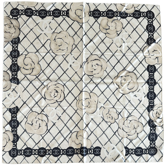 CHANEL シャネル スカーフ ココマーク カメリア ホワイト クリーム シルク レディース 【中古】