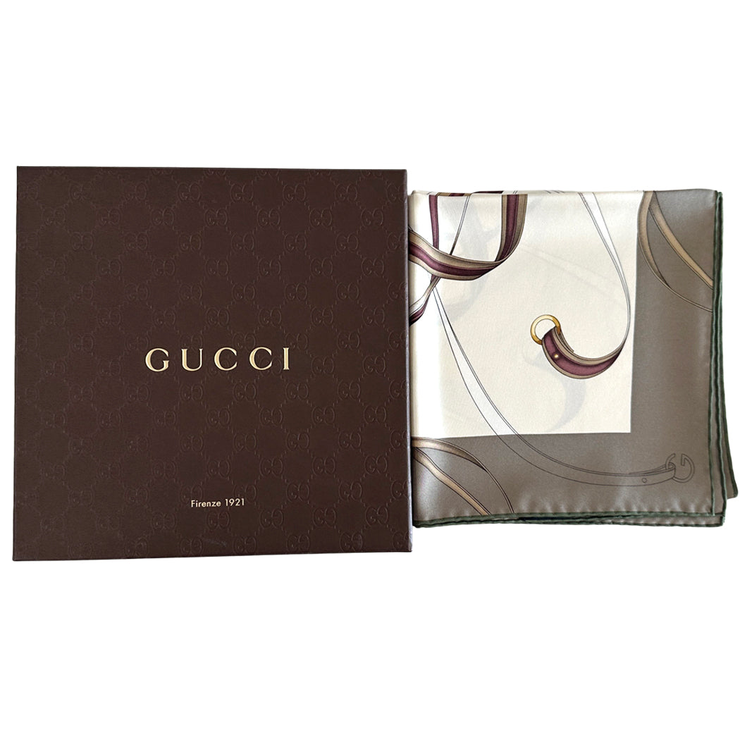 GUCCI グッチ スカーフ カーキ ベージュ シルク レディース 【中古】