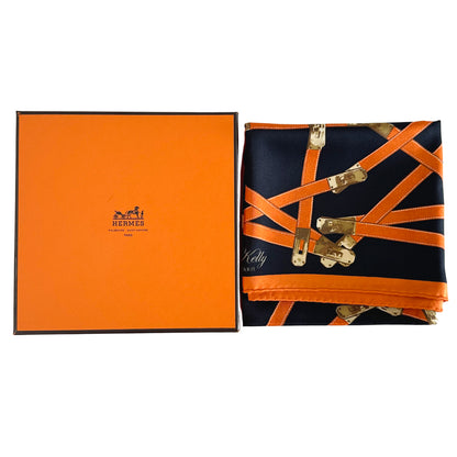 HERMES エルメス カレ70 TRES KELLY トレス・ケリー スカーフ オレンジ ブラック シルク レディース 【中古】