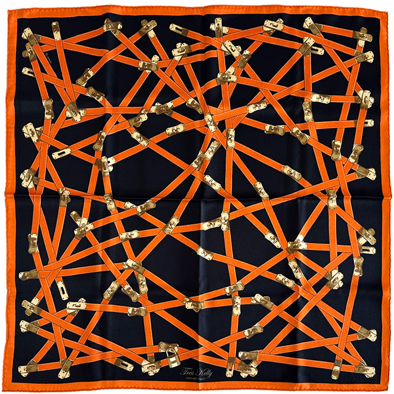 HERMES エルメス カレ70 TRES KELLY トレス・ケリー スカーフ オレンジ ブラック シルク レディース 【中古】