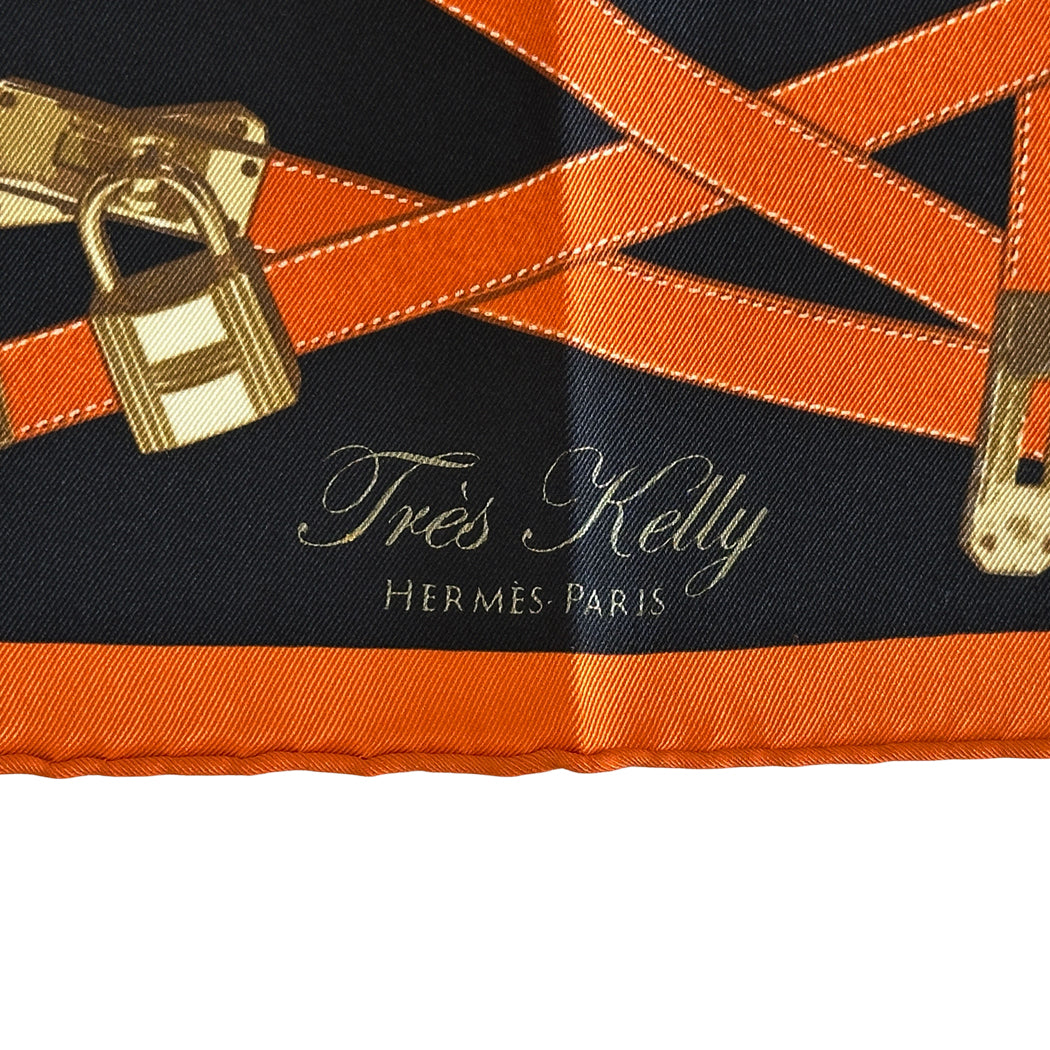 HERMES エルメス カレ70 TRES KELLY トレス・ケリー スカーフ オレンジ ブラック シルク レディース 【中古】
