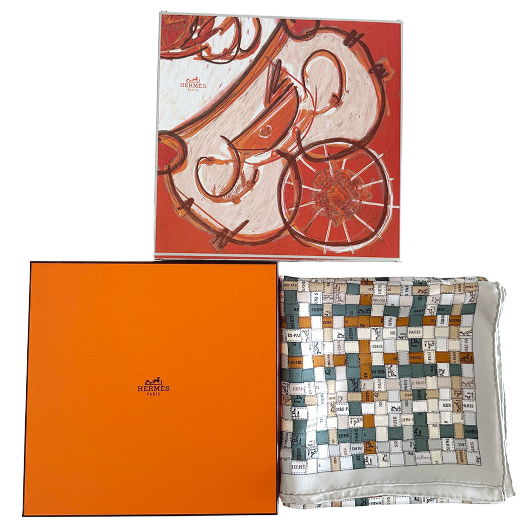 HERMES エルメス カレ90 Bolduc au Carre ボリュデュック・チェック スカーフ グレー オレンジ シルク レディース 【中古】