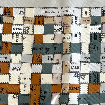 HERMES エルメス カレ90 Bolduc au Carre ボリュデュック・チェック スカーフ グレー オレンジ シルク レディース 【中古】